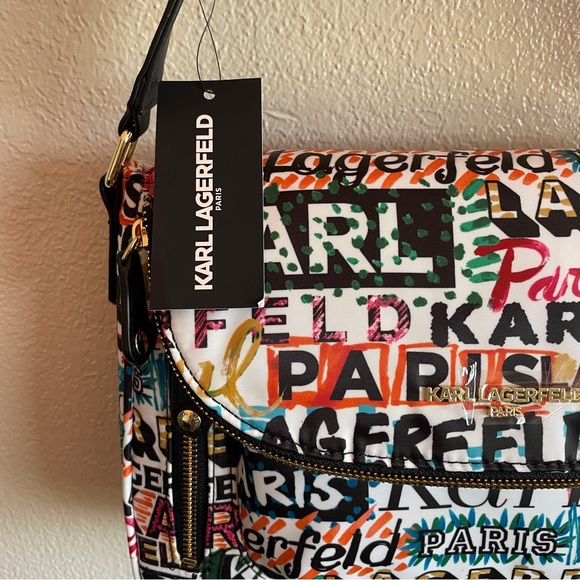 NWT KARL LAGERFELD PARIS White Scribble Print Messenger Crossbody Bag - Picture 4 of 6
